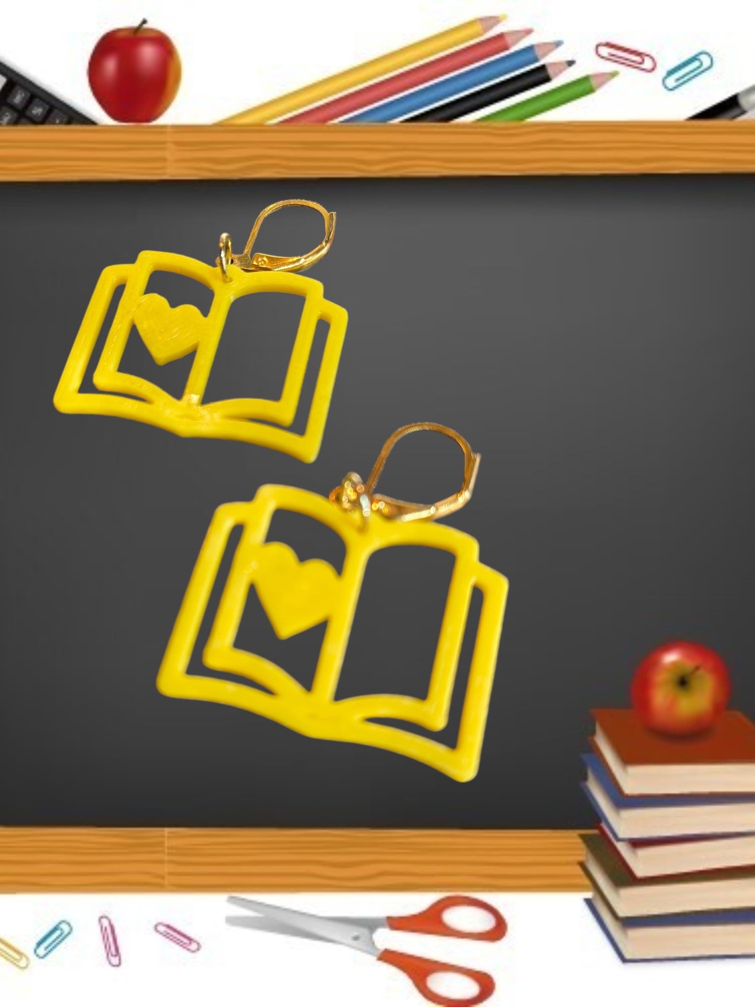 3D Printed School Book with Heart Earrings
